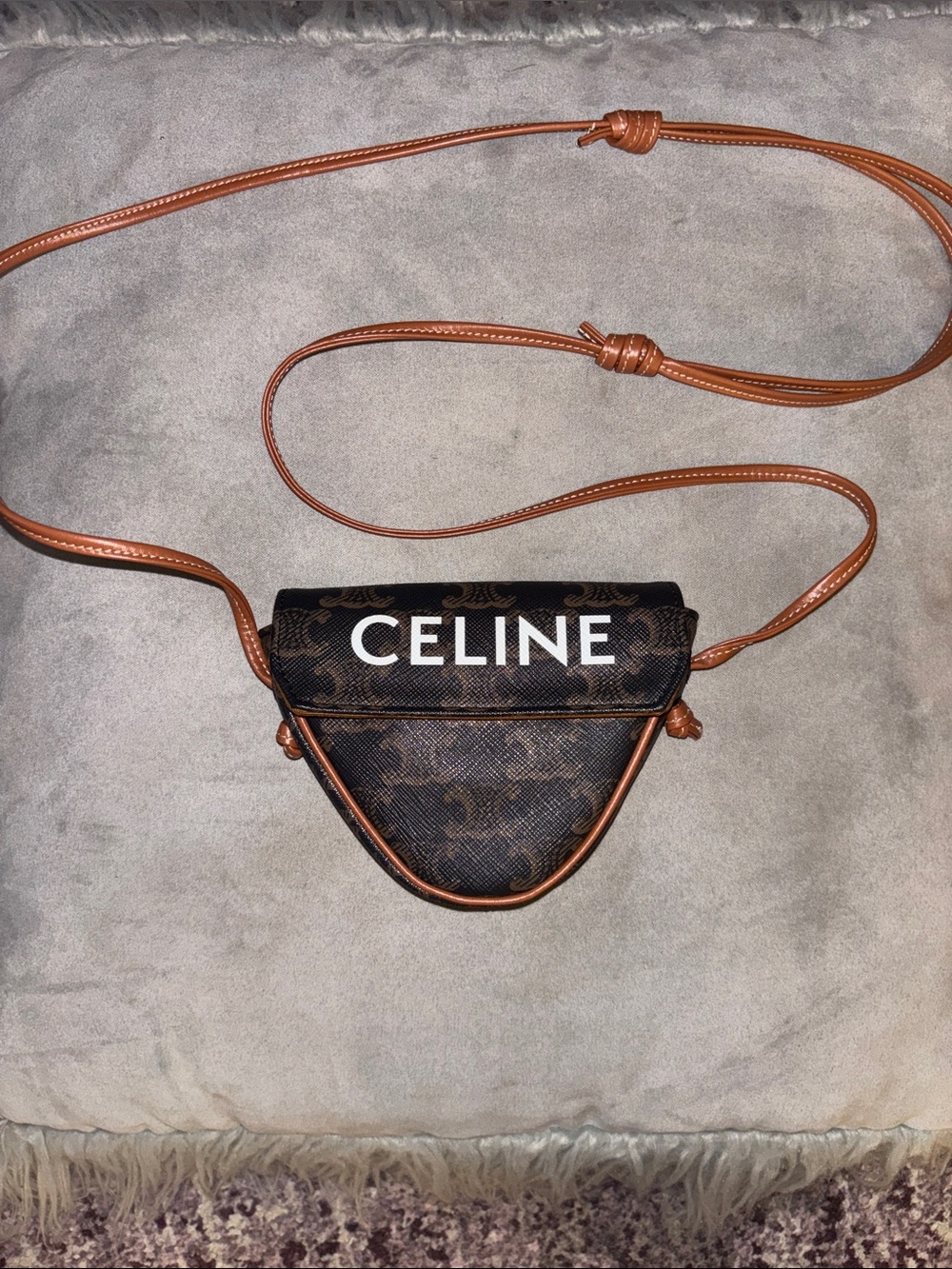 Celine Brown Monogram Triangular Crossbody with Tan Trim
